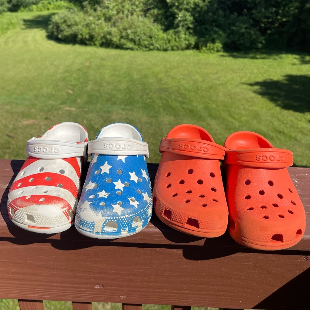 Crocs size 13 American flag orange two pairs C13